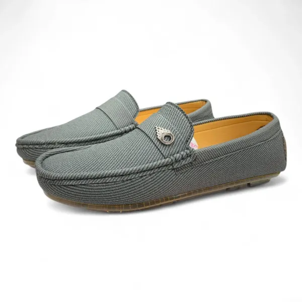 Gray Fabric Loafers — Moccasin Style with Metal Emblem |